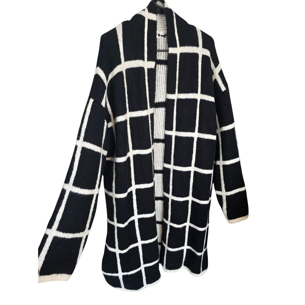 GAP Black White Windowpane Grid Plaid Longline Open Front Cardigan Sweater XXL